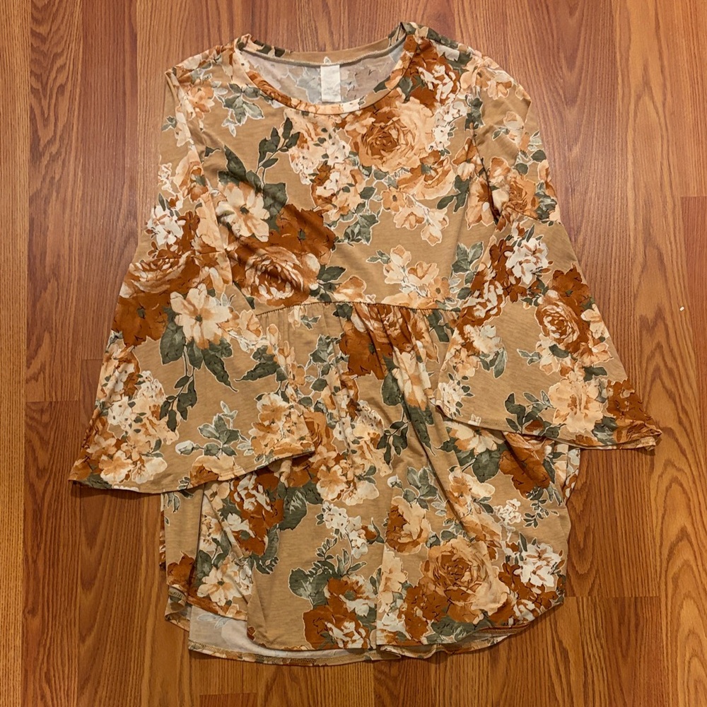 Floral Bell Sleeve Top - Tan and Brown